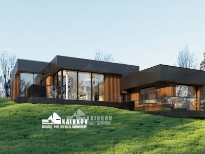 Проект дома хай-тек в 1 этаж с крутым рельефом, террасой, плоской кровлей AND2